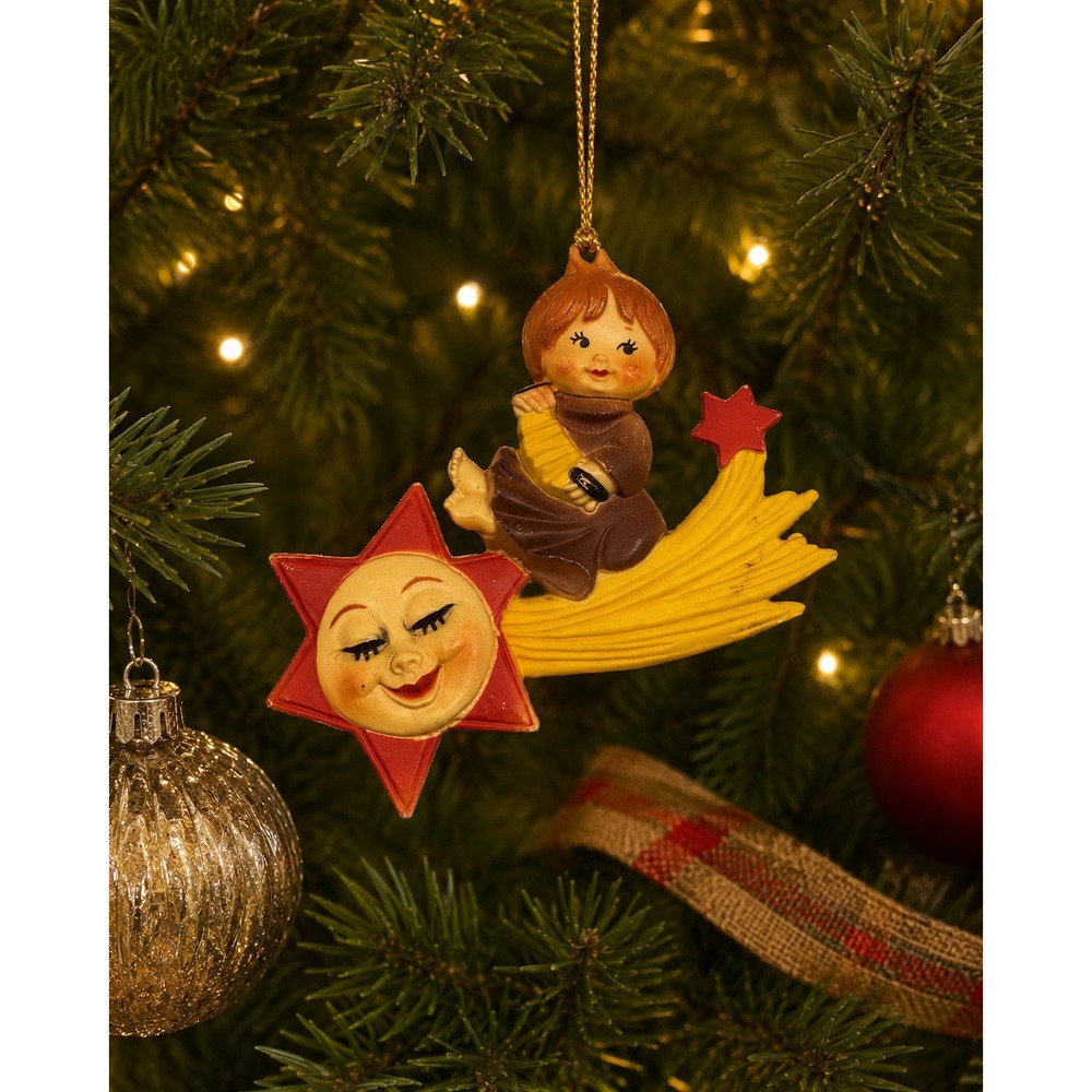 Vintage Christmas Ornament Child on Shooting Star Celestial Sun Hong Kong
